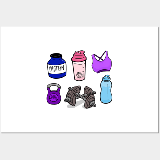 Gym Essentials Protein, Shaker, Bra, Kettlebell, Dumbbell, Water bottle Posters and Art